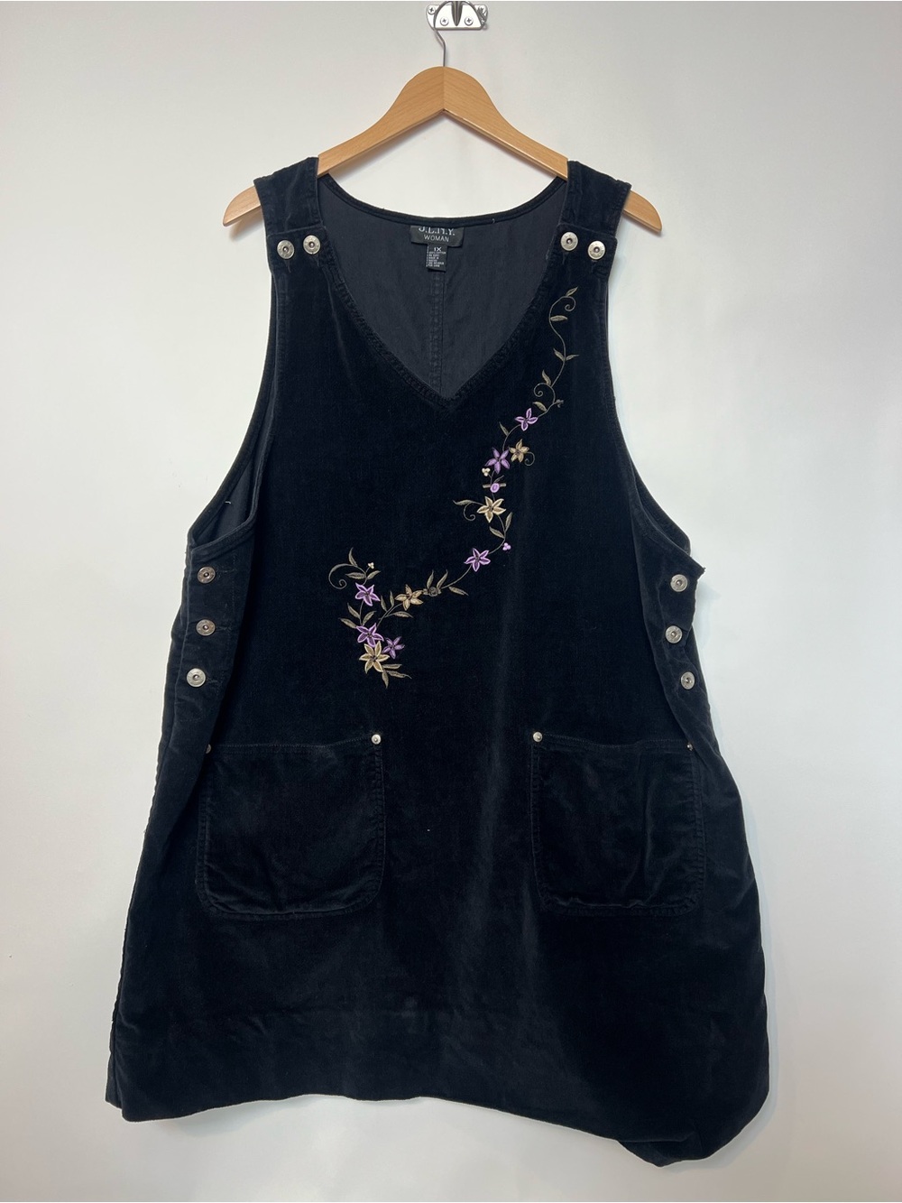90s Black Embroidered Pinafore Overall Dress Velvet Corduroy 1X